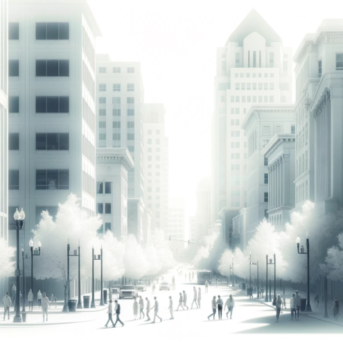 DALL·E 2023-12-12 00.32.21 - A light and dreamlike image of an Idaho cityscape, portrayed with a very light, almost white color tone. The scene depicts a bustling city street in B