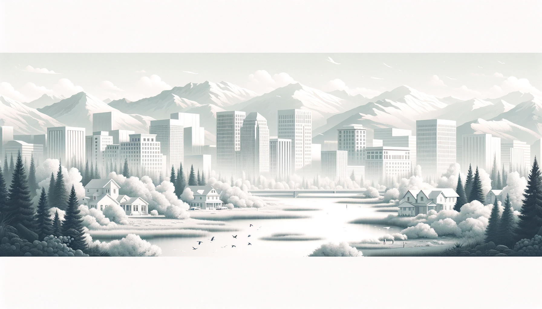 DALL·E 2023-12-12 00.36.49 - A wide banner image for a website, artistically blending a cityscape and nature in a light, almost white color scheme. On the left, the image shows th