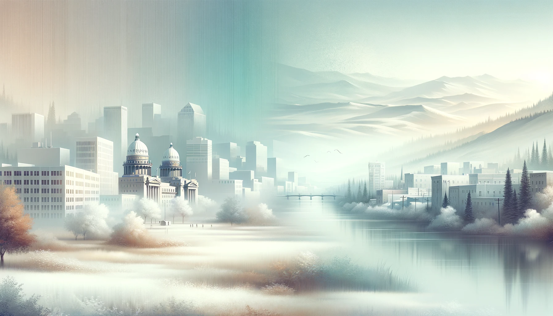 DALL·E 2023-12-12 00.48.13 - A wide banner image for a webpage, blending a dreamlike Idaho cityscape on one side with serene natural landscapes on the other, in a very light, almo